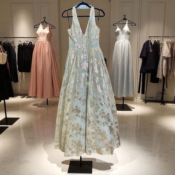 Windsor Cinderella Blue & Metallic Sliver Floral Ballgown Halter Dress Size 11 - Picture 4 of 16